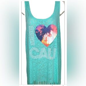 Rampage Women’s I Love Cali Tank Top XL Turquoise With Fringe Semi-Sheer Summer